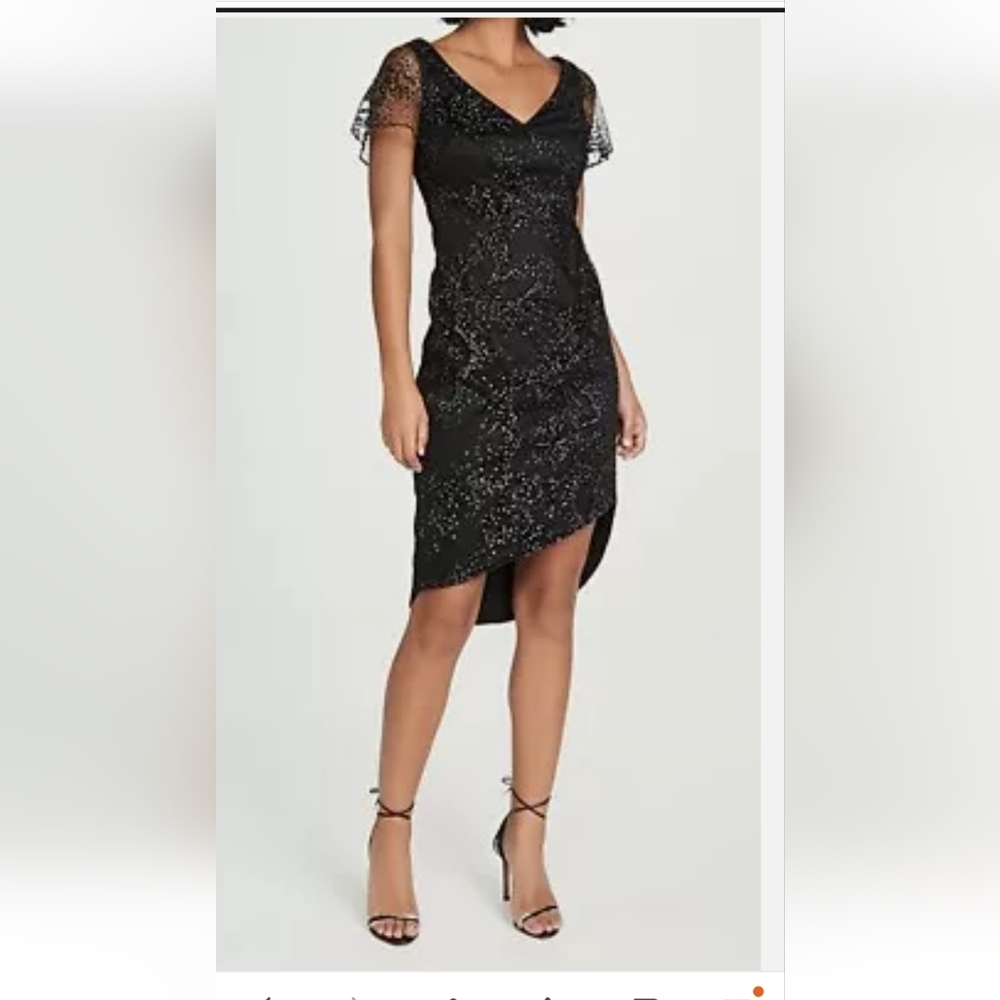 Marchesa Notte | Black‎ Dress Glitter Tulle Flutter Slv Asymetrical Hem NWT Sz 2